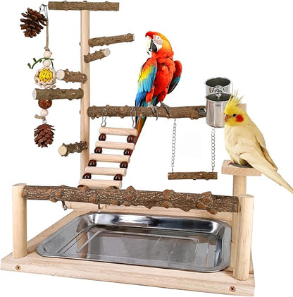Bird Playground Natural Parrot Toys Perch Stand Cockatiel Swing with Chew Toys Parrot Platform with Feeder Cups Parakeet Playground Bird Cage Play Stand for Conure Parakeet Cockatiel