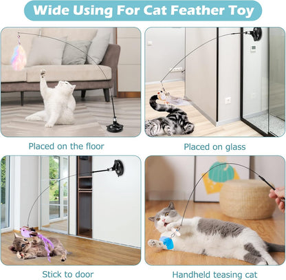 Cat Toys Wand, Interactive Cat Toy with Super Suction Cup Sticky Detachable 12 PCS Feather Replacements 2 Wands Cat Spring Feather Toys for Indoor Cats Kitten Toys (4 Birds Replacements)