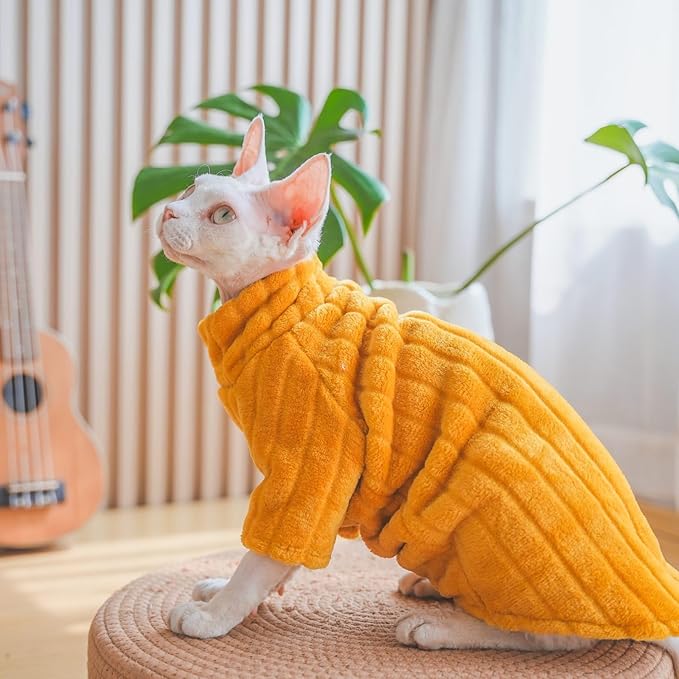 Turtleneck Sweater for Sphynx Cat Soft Coral Fleece Cat Clothes Thick Winter Warm Outfit Coat for Hairless Cats and Small Dogs Apparel with Sleeves (Orange, XL (9-13 lbs))
