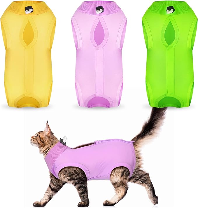 Nuanchu 3 Pieces Cat Recovery Suit Kitten Recovery Suit E-Collar Alternative for Cats and Dogs Abdominal Skin Anti Licking Pajama Clothes Sets(Large,Simple Style,Yellow Green Pink)