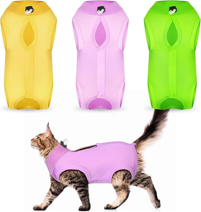 Nuanchu 3 Pieces Cat Recovery Suit Kitten Recovery Suit E-Collar Alternative for Cats and Dogs Abdominal Skin Anti Licking Pajama Clothes Sets(Small,Simple Style,Yellow Green Pink)