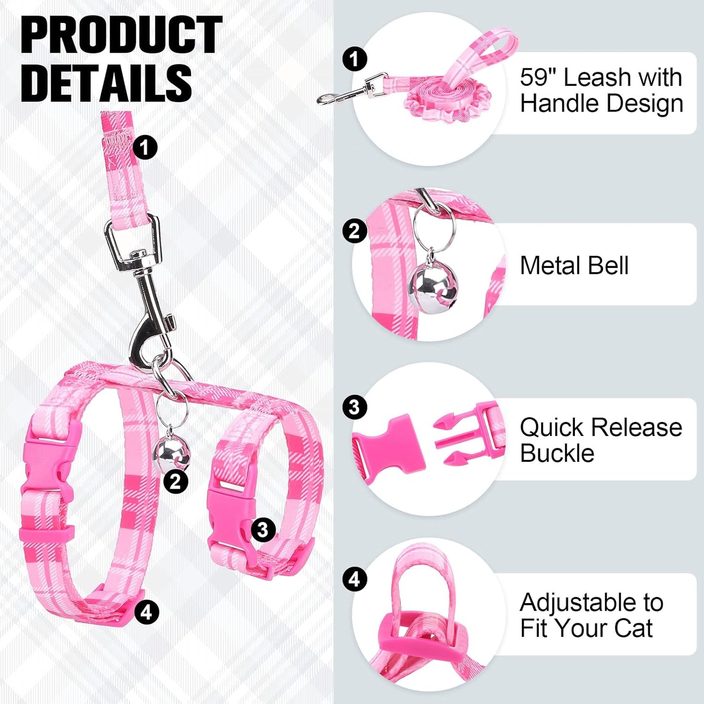 BEAUTYZOO Cat Harness and Leash Set Escape Proof for Walking, Kitten Soft Adjustable Vest Harnesses for Small Medium Large Cats, Easy Control Breathable Plaid Ribbon Nylon for Outdoor Indoor Use