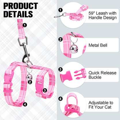 BEAUTYZOO Cat Harness and Leash Set Escape Proof for Walking, Kitten Soft Adjustable Vest Harnesses for Small Medium Large Cats, Easy Control Breathable Plaid Ribbon Nylon for Outdoor Indoor Use