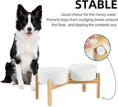Ceramic Raised Double Bowls Set with Stand, Food & Water Bowls for Medium Breed Dogs, Weighted Dog Dishes, Pet Bowl(7.3'',41OZ, White)