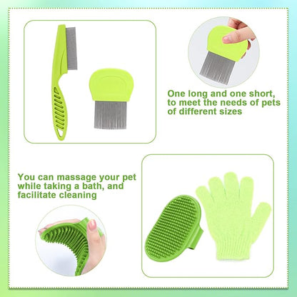 VCZONE 8 Pcs Small Animal Grooming Kit, Pink with Pet Nail Clipper and File, Flea Comb, Pet Shampoo Bath Brush, Pet Shedding Slicker Brush, Bath Massage Glove, Cleaning Comb (Green)