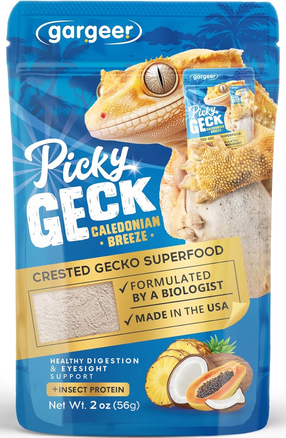'Picky Geck' Caledonian Breeze - Premium Crested Gecko Food | Tropical Fruit Formula for Digestion & Eye Support | No Fillers - Only Premium Ingredients | 2oz | Made in USA. Enjoy !