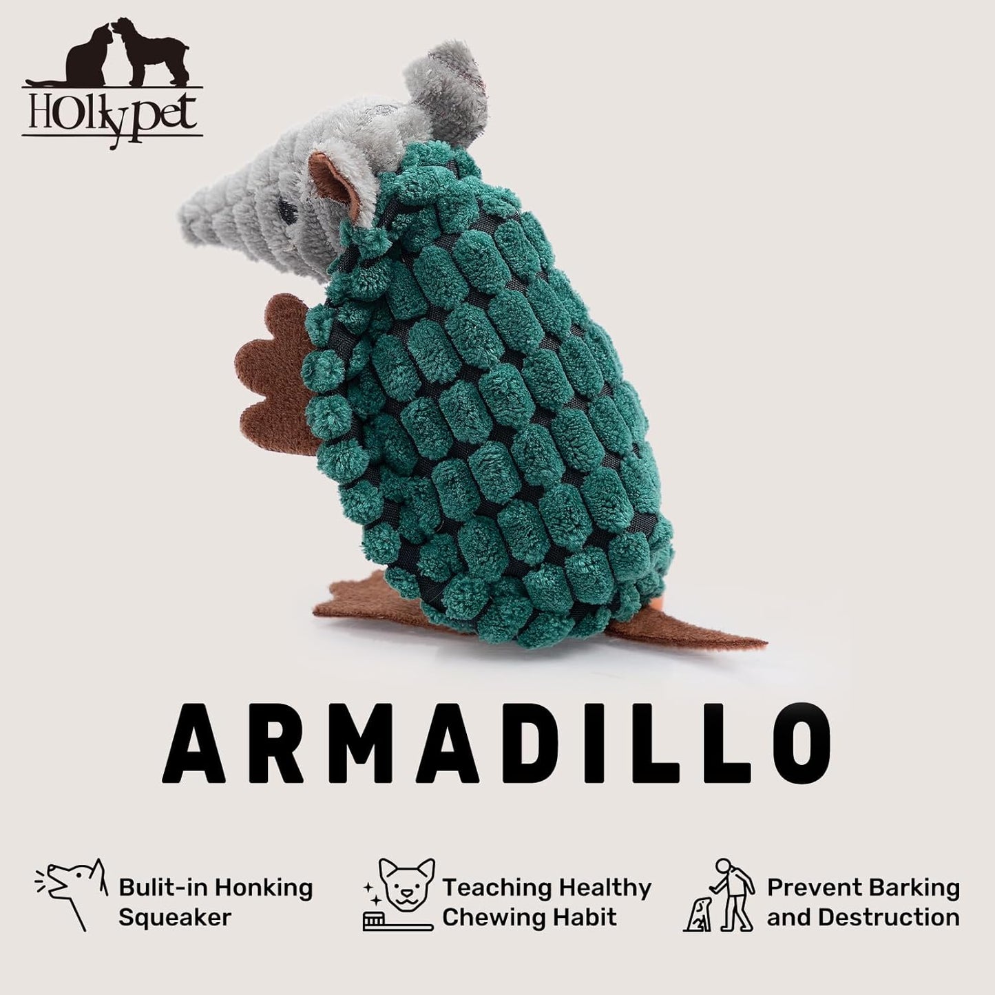 Hollypet Plush Dog Squeaky Toy Stuffed Armadillo Animal Pet Puppy Chew Toys with Clean Teeth for Small Medium Large All Breed Sizes Dogs, Deep Green, 6 in