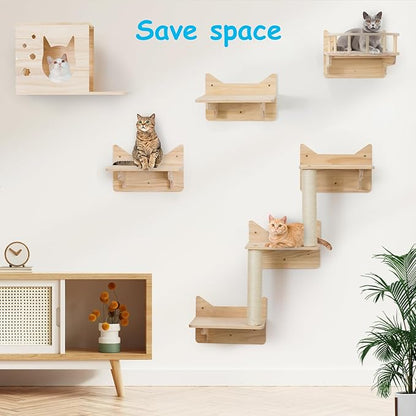 9-Piece Wall-Mounted Cat Shelves Set, House, Lookout Tower, 2 Sisal Scratching Posts, 5-Step Cat Wall Ladder, Pine Furniture, Extra-Wide & Long for Large Cats, Space-Saving Indoor Shelves