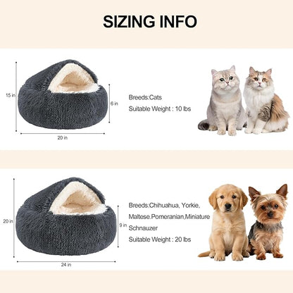 Calming Dog Beds & Cat Cave Bed with Hooded Cover,Removable Washable Round Beds for Small Medium Pets,Anti-Slip Faux Fur Fluffy Coved Bed for Improved Sleep,Fits up to 15/25 lbs(Dark Grey,20"x20")