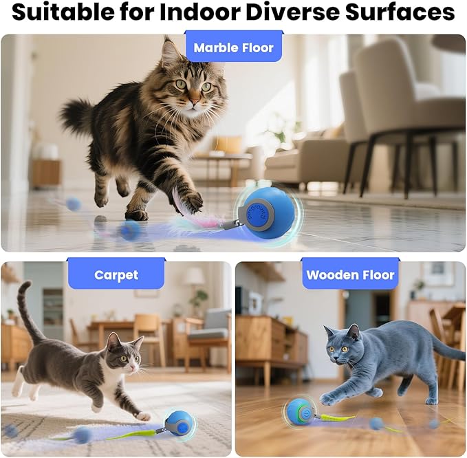 2025 New Speedy Tail Cat Toy for Bored Indoor Adult Cats, Interactive Pet Toy Ball with Tail, Smart Rolling Ball for Cats, Automatic Moving Ball Can Fast Rolling on Carpet (Blue)