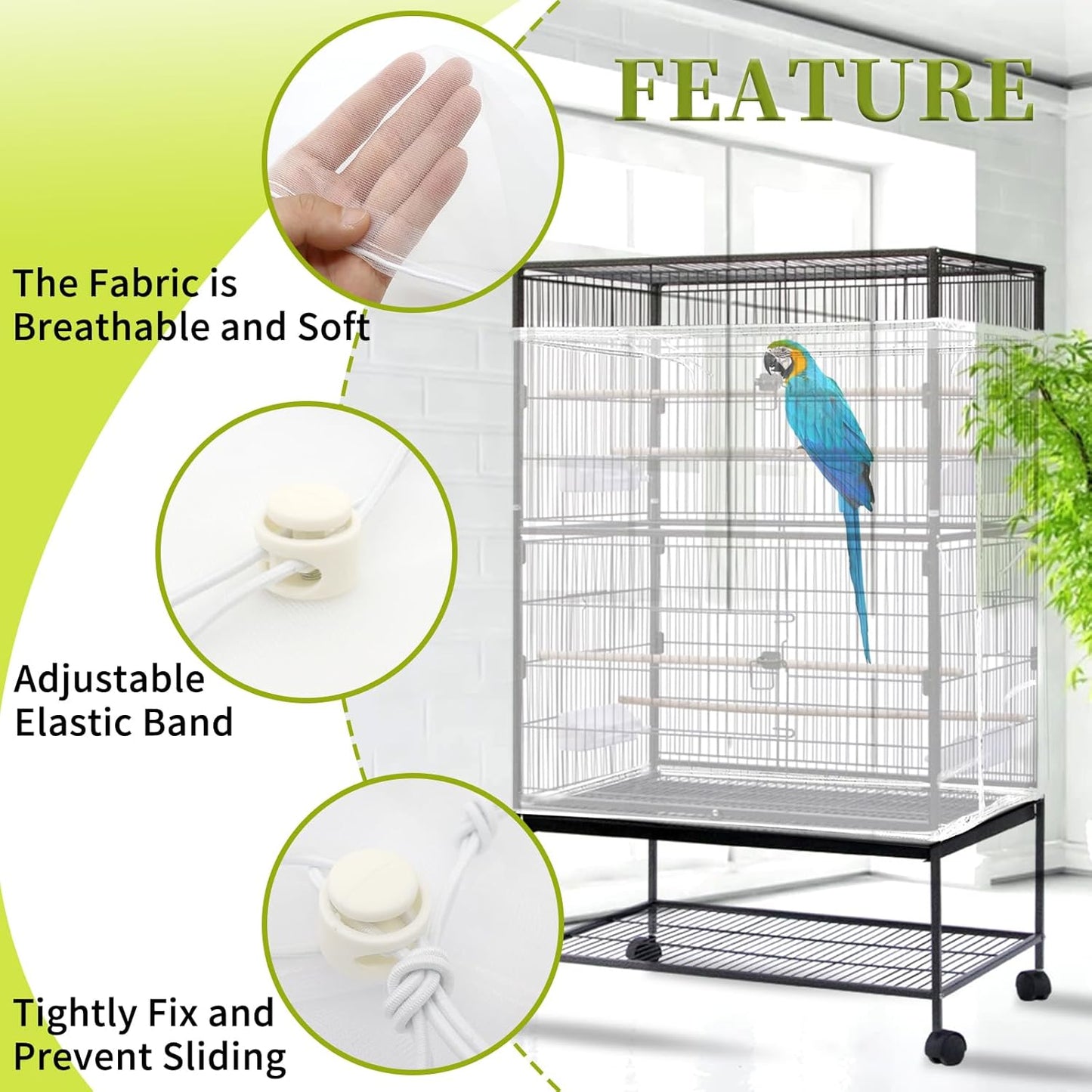 Daoeny Bird Cage Seed Catcher, Large Bird Cage Cover, Adjustable Soft Airy Nylon Mesh Net, Birdcage Cover Skirt Seed Guard for Parrot Parakeet Macaw African Round Square Cages (White)