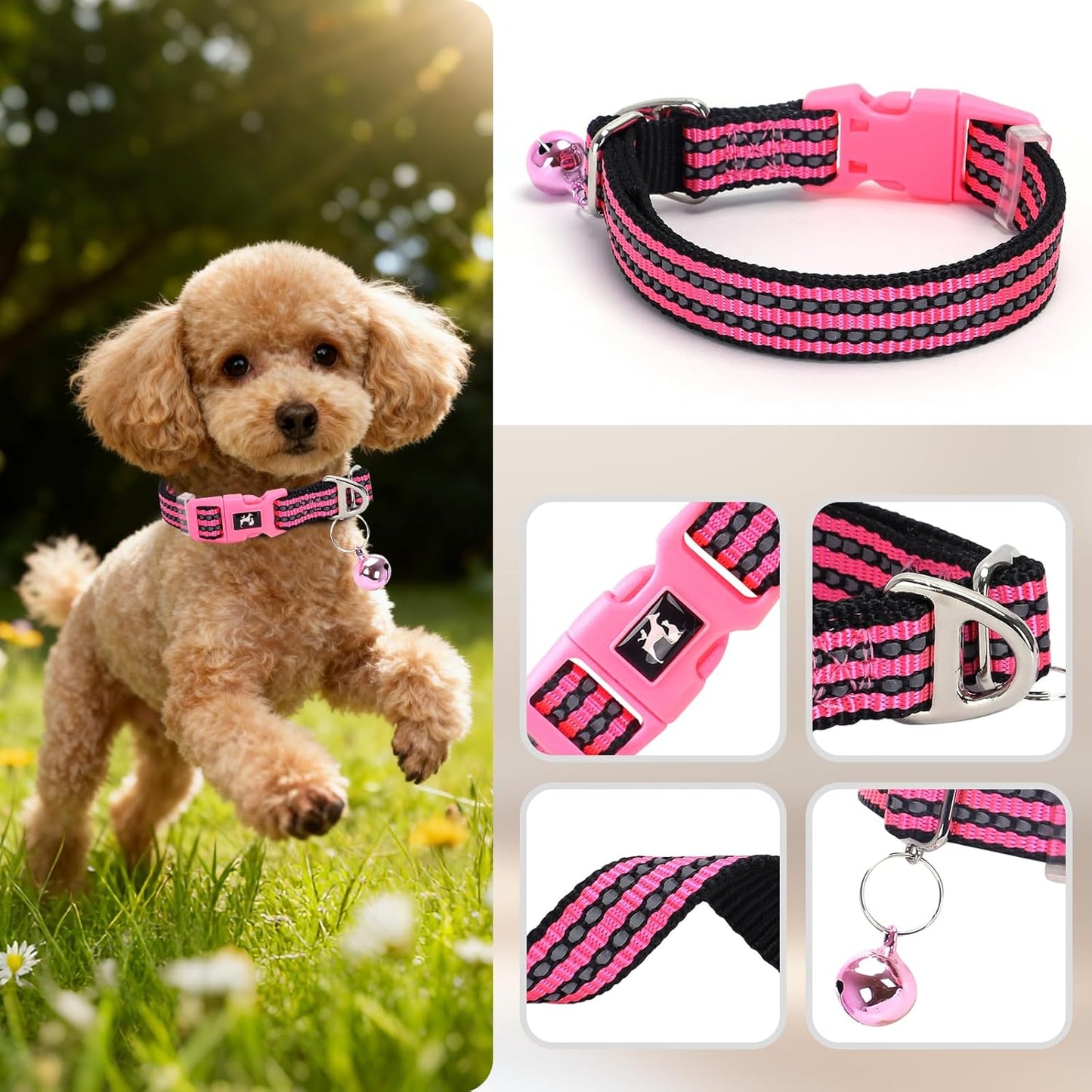 Small Dog Collar with Bell Reflective - Adjustable Tiny XS XXS Breed Collar for Girl Female,Night Walk Safety Accessory（Pink S）