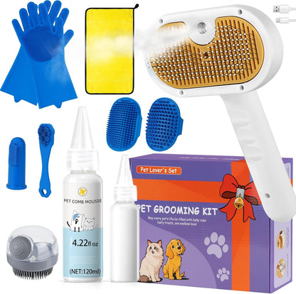 Pet Steam Brush Set for Dogs & Cats, Includes 3-in-1 Self Cleaning Spray Comb, Waterless Shampoo, Defur Tool, Bath Gloves, Bath Brush, Tooth & Ear Brush, Towel (11PCS)