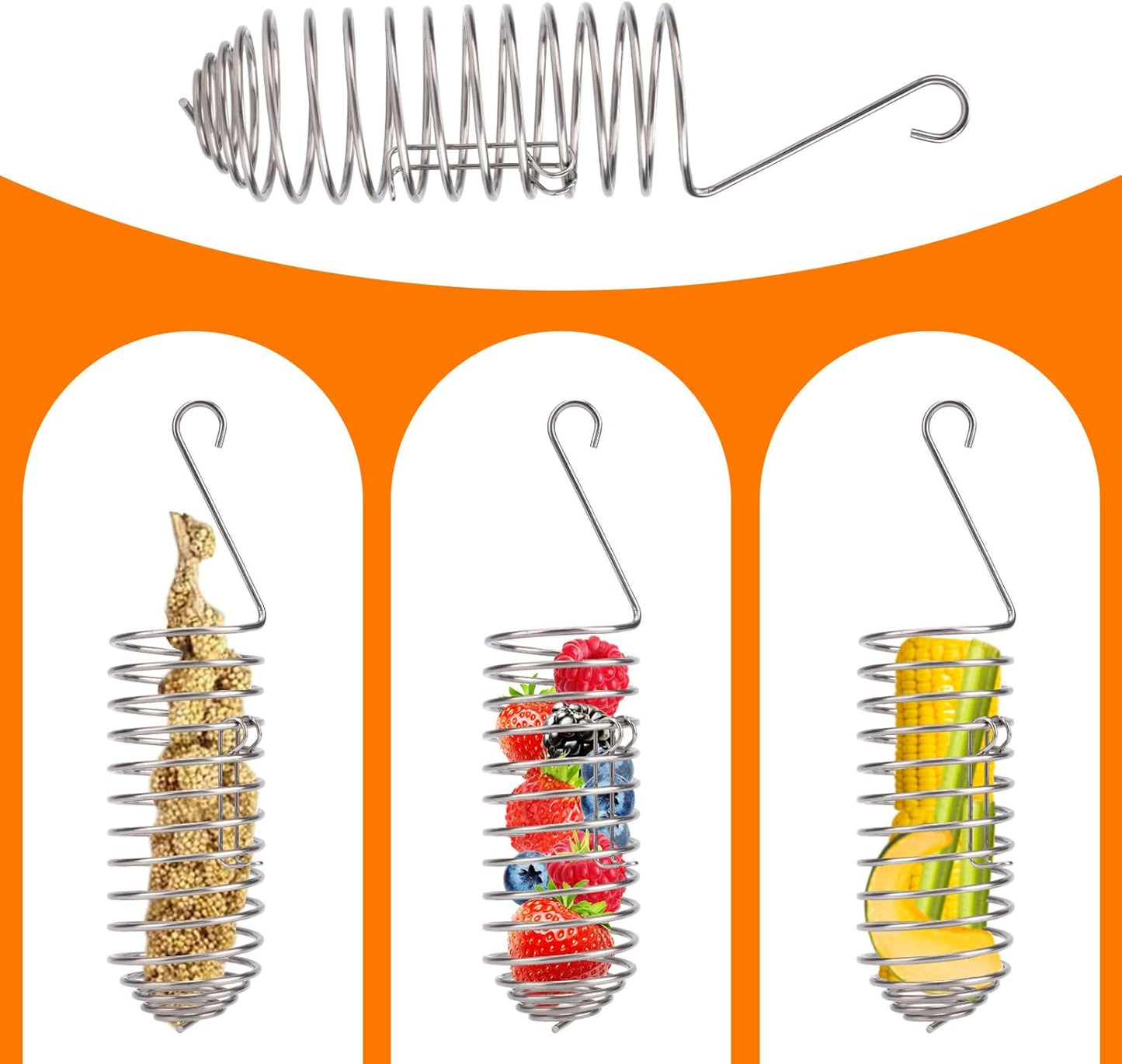 2pcs Bird Treats Holder, Stainless Steel Parrot Food Holder Hanging Basket Cage Accessories Bird Foraging Chew Toy Corn Cob Fruit Vegetable Millet Feeder for Macaw Cockatoo Parakeet Canary