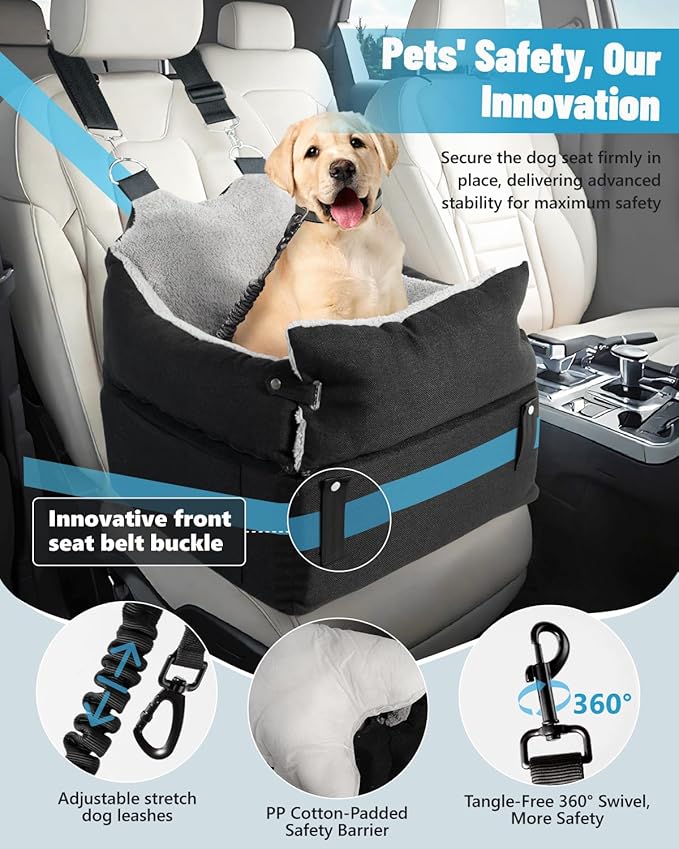 EASTBLUE Dog Car Seat for Small Medium Dogs Up to 35 lbs, 2 Memory Foam Pads Dog Booster Car Seat with Seat Belt, Washable Pet Carseat for Puppy & Cat, Dogs Travel Bed for Cars (Black/Grey)