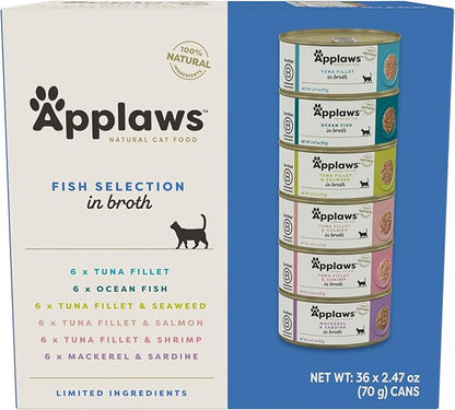 Applaws Natural Wet Canned Cat Food, Limited and Natural Ingreidents, High Protein with No Artificial Additives, Fish Selection in Broth (36 x 2.47oz Cans)