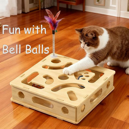 Cat Scratch Puzzle Enrichment Box Nail File - Natural Solid Oak Wood Cat Toy with 6 Bell Balls & Feather Wand, Furniture Protector & Stress-Free Nail Care for Indoor Cats, Best Gift for cat