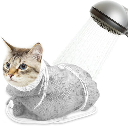 Cat Bathing Bag, Breathable Mesh Anti Scratch Adjustable Cat Grooming Bag for Nail Trimming, Bathing Polyester Soft Cat Washing Bag