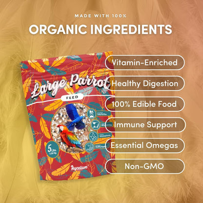 Mycelium Organic Large Parrot Feed (5 LB Bag) | Bird Food for Macaws, Cockatoos & Amazons | High-Protein Seed, Pellet & Kibble Blend | Supports Digestion & Energy | Made in USA, Non-GMO