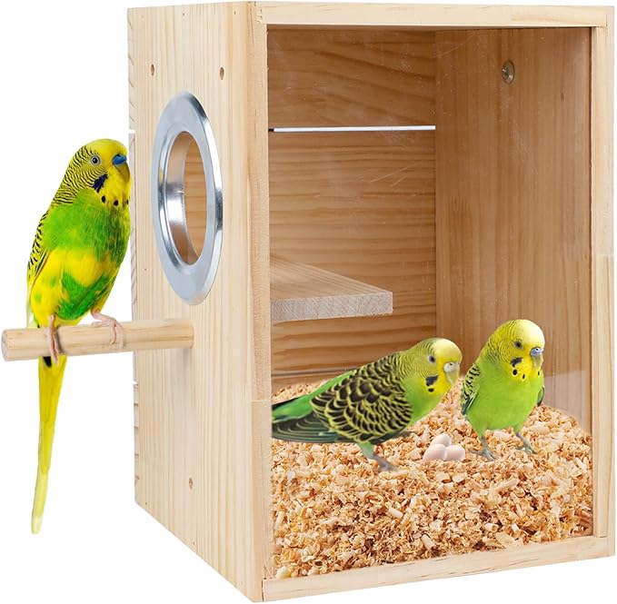 Parakeet Nesting Box Transparent Design, Natural Wood Bird Nest Breeding Box with Perch, Acrylic Bird House for Cage Bird Nesting Box for Small Cockatiel Lovebirds Finch Parrot Canary S