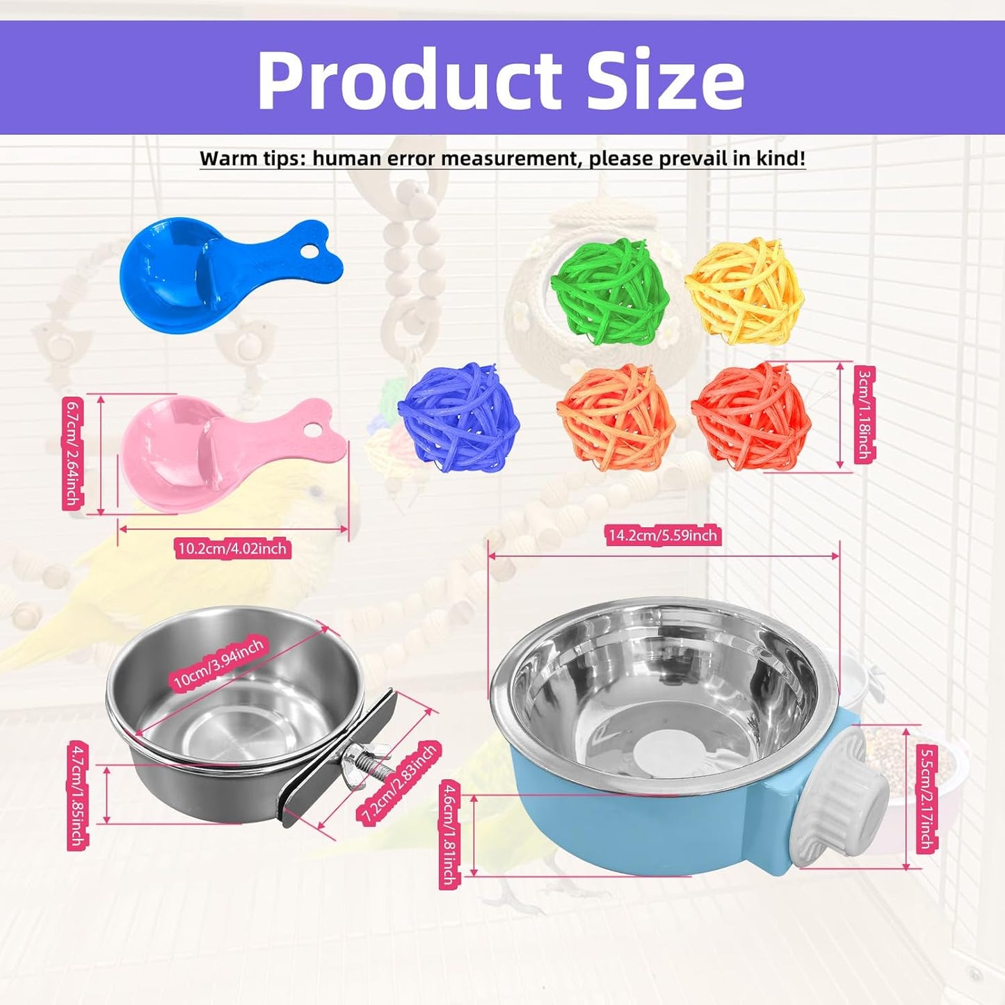 4 Pack Stainless Steel Bird Feeding Dish Cups with 5pcs Colorful Spoon and 5pcs Rattan Ball，for Chinchilla, Parrot, Cockatiel, Conure, Budgies, Hamster, Small Animal