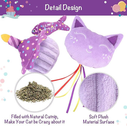 BINGPET Cat Birthday Catnip Toys for Indoor Cats,Cat Birthday Hat,Bandana and Cat Birthday Cake Interactive Plush Kitten Chew Toys,Cute Fish,Balloon Toys with Crinkle Paper and Catnip Inside(Purple)
