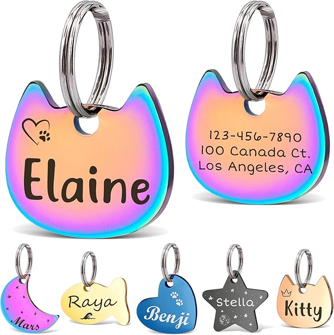 Anavia Small Size Dog Cat ID Tags, Small/XS Personalized Color Plated Stainless Steel Puppy Kitten Name Tags, Customized Engraved Nameplate Pet Collar Tag (Rainbow, Cat Head)