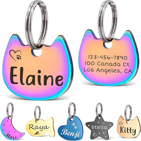 Anavia Small Size Dog Cat ID Tags, Small/XS Personalized Color Plated Stainless Steel Puppy Kitten Name Tags, Customized Engraved Nameplate Pet Collar Tag (Rainbow, Cat Head)