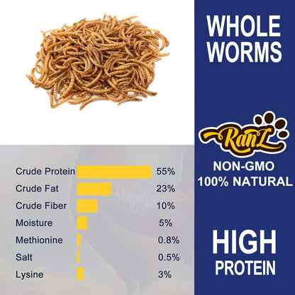 RANZ 20LBS Non-GMO Dried Mealworms for Chickens, High Protein Meal Worms, Premium Chicken Feed, Whole Large Mealworms for Blue Birds, Ducks, Fish