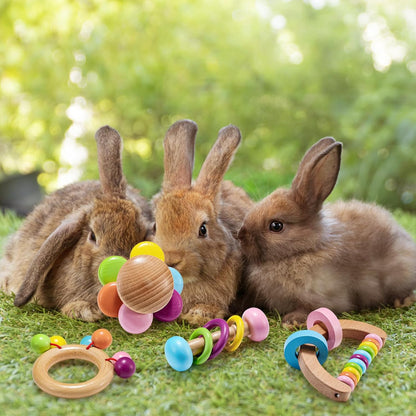 4 Pcs Wooden Bunny Toys - Safe Rabbit & Guinea Pig Toys for Chinchillas & Hamsters, Teeth Grinding, Indoor & Outdoor