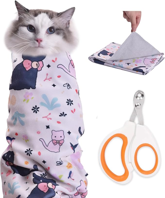 21.7" Cat Grooming Wrap, Cat Wrap for Cutting Nails, Medicine, Teeth Brushing & Ear Cleaning, Cat Nail Trimming Restraint, Self-Adhering Cat Swaddle Wrap, Anti-Scratch Anti-Escape M(Within 6lbs)