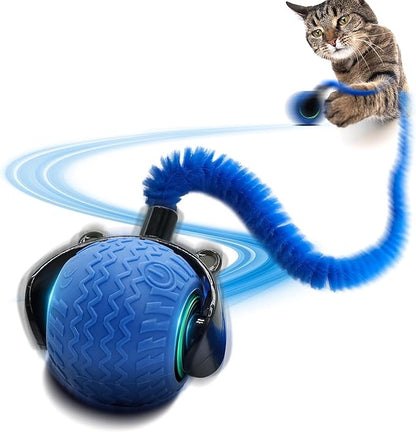 Interactive Cat Toy for Indoor Cats, Speedy Ball with Tail, Automatic Moving Cat Balls for Bored Indoor Adult Cats, 360°Automatic Rolling Ball Toy, Two Speed Adjustment（Blue）