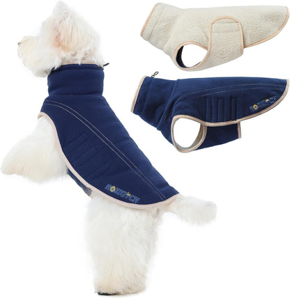 ROZKITCH Reversible Dog Fleece Jacket, Adjustable Double-Sided Vest for Chilly Winter, Super Warm Fleece Sherpa Sweater with Embroidery, Plush Sweatshirt for Small Breeds DarkBlue M