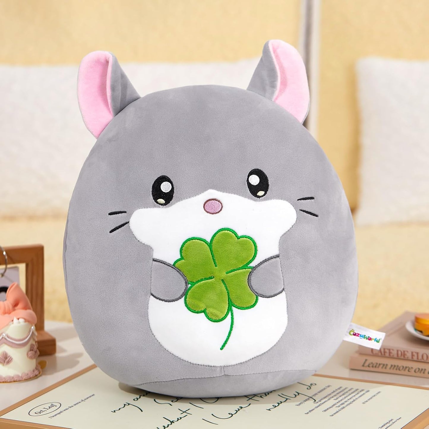 13-Inch Chinchilla Plush Pillow with Four-Leaf Clover, Ultrasoft Grey Chinchilla Stuffed Animal Toy Hugging Throw Toy Gifts for Bedding, Kids Sleeping Kawaii Pillow