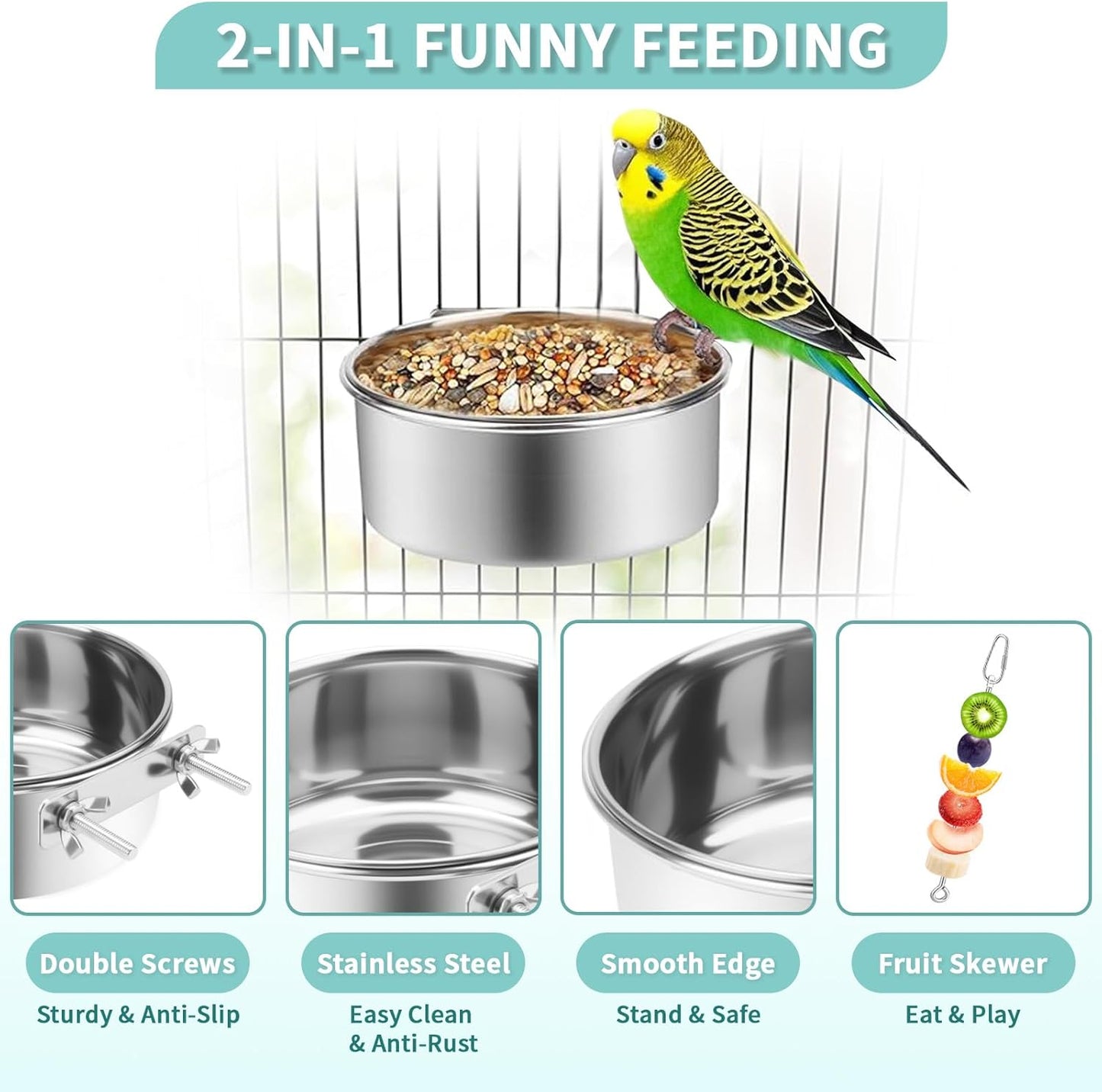2 Pcs Bird Feeding Dish Cups with 3 Pcs Food Holder for Cage, Parrot Food Water Bowls and Fruit Vegetable Skewer Foraging Toy, Stainless Steel Bird Feeders for Small Animals -Silvery,5 Pcs
