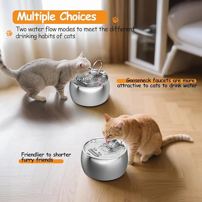 Cat Water Fountain Stainless Steel -2.5L/84oz Gooseneck Kitty Cat Fountain for Drinking Spout - Pet Water Fountain for Cats Inside - Quiet Automatic Cats Water Bowl Dispenser - for Pets& Small Dog