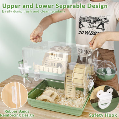 Cycodo 8 in 1 Acrylic Hamster Cage,2-Tier Dwarf Hamster Cage with Wooden Wheel & Hideout,Small Hamster Habitat with Accessories,Clear Pet Mice House(Green,14" L*10" W*11" H)