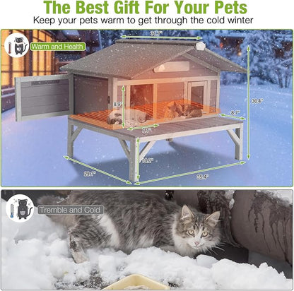 GUTINNEEN Heated Outdoor Cat House Insulated Feral Cat Shelter Weatherproof for Winter with Heater and Insulated Liner, 39.1" L x 31.7" W x 30.4" H, Grey