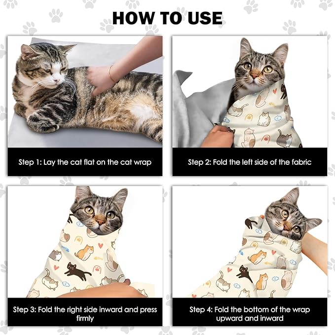 27.6" Cat Grooming Wrap, Self Adhesive Cat Wrap for Cutting Nails, Anti-Escape Calming Cat Swaddle Wrap for Medicine Ear Cleaning, Anti-Scratch Cats Burrito Restraint Blanket, Pet Tool (6-10 lbs)