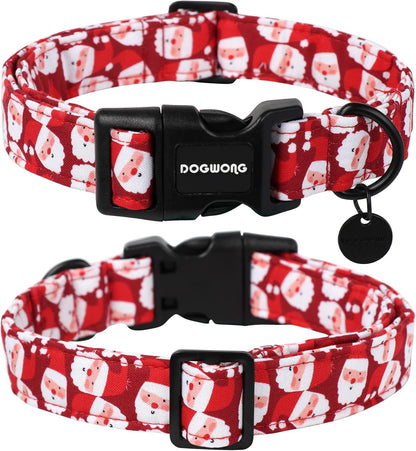 DOGWONG Christmas Cotton Dog Collar, Red Santa Claus Dog Collar Durable Holiday Pet Dog Collars Cute Puppy Necklace for Small Medium Large Dogs,XL