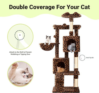 Allewie 64 Inches Cat Tree Tower/Multi-Level Activity Center for Indoor Big Felines/2 Plush Condos/2 Perchs/Basket/House/Sisal Scratching Posts/Hanging Cat Toys/Leopard Print