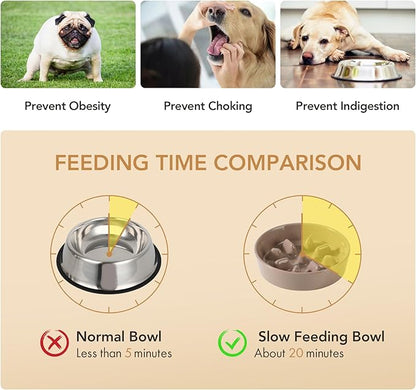 Ceramic 7.3 inch Dog Bowl Slow Feeder, Slow Pet Food Dish for Medium and Small Dog, Stop Bloat, Preventing Choking(Single Bowl, Brown Coffee)