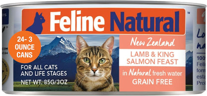 Feline Natural New Zealand Canned Catfood Wet Food, High-Meat, Low-Carb, & Grain Free Cat Food Wet, Lamb & Salmon Feast, 3 oz, Pack of 24