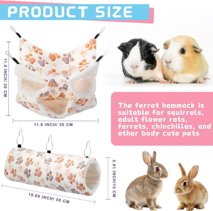 Sweetude 6 Pcs Rat Hammock Set Ferret Hanging Tunnel 3 Tier Guinea Pig Hammocks Hideout Soft Chinchilla Bed for Cage Accessories Hide,Play and Sleep(Cute,Paw)