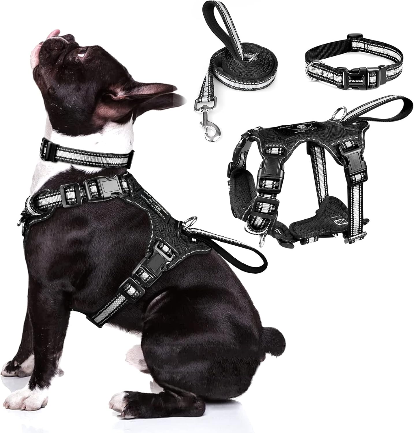 WINSEE Pet Harness Collar and Leash Set, All-in-one Reflective Dog Harness No Pull with Adjustable Buckles for Puppies, Small, Medium, Large, and Extra-Large Dogs (Medium, Black)