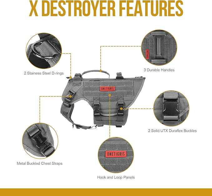 OneTigris Large Tactical Dog Harness, No Pulling Adjustable Dog Vest Harness, Heavy Duty Dog Harness with Handle, Large Hook and Loop Panels for Patch Grey