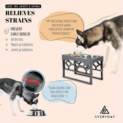 AVERYDAY Large Dog Bowls Elevated, 4 Height Adjustable Raised Dog Bowl Stand with 2 Stainless Steel Food and Water Bowls Set, Tall Dogs Feeding Station with Anti-Slip Base for Medium Large Breeds Dogs