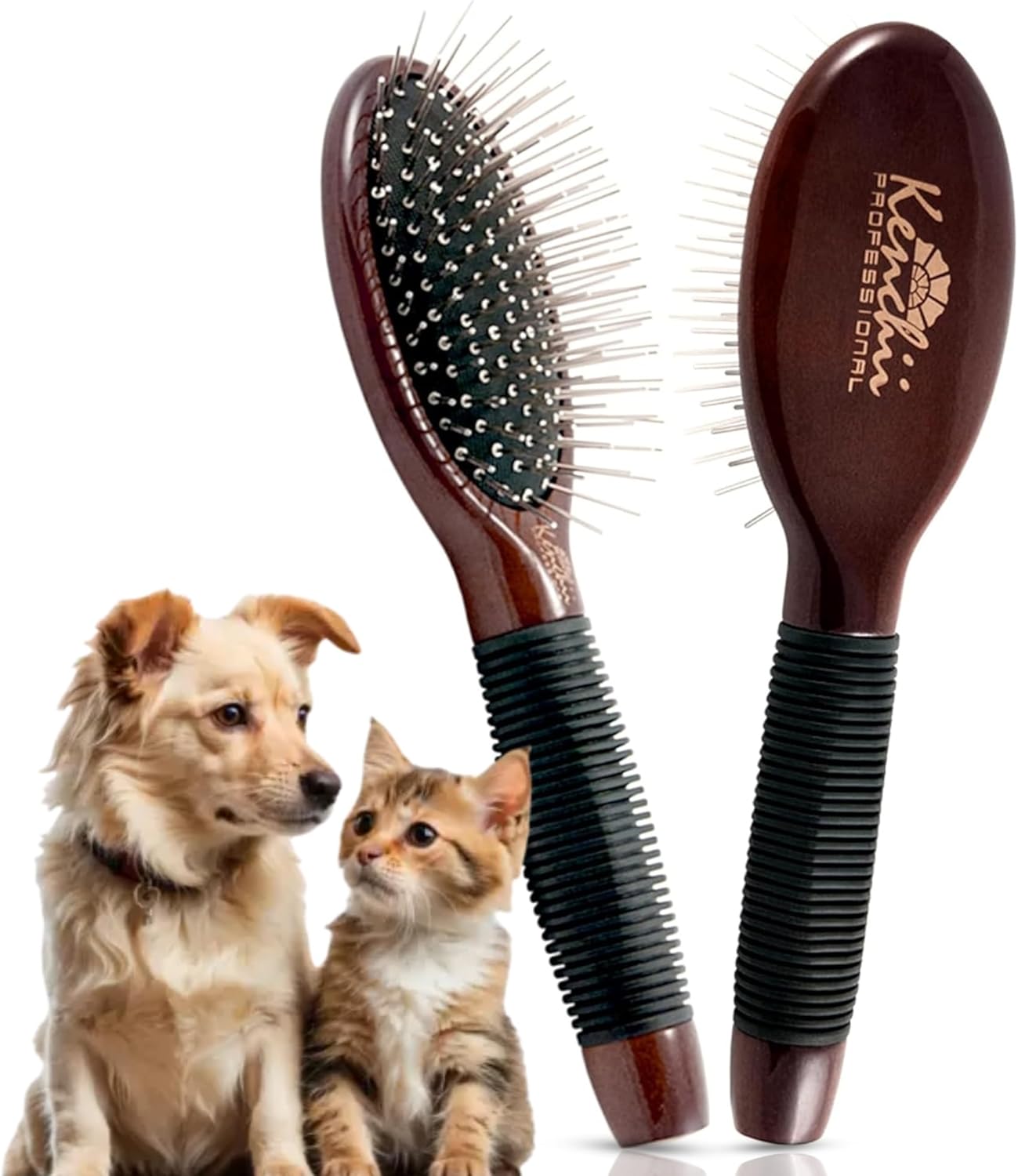 Kenchii Pet Grooming Metal Pin Brush for Dogs and Cats, Solid Wood Handle, Non Slip Grip, Detangling and Shedding Brush for Long or Short Haired Pets, Size Small