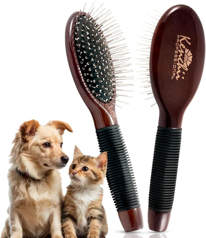 Kenchii Pet Grooming Metal Pin Brush for Dogs and Cats, Solid Wood Handle, Non Slip Grip, Detangling and Shedding Brush for Long or Short Haired Pets, Size Small