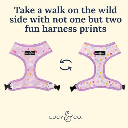 Lucy & Co. Cute Reversible Dog Harness Walking Halter - Best Designer Pet Harnesses for XS - XL Dogs - Padded Adjustable Vest for Easy Walking (Medium, Unicorn Magic - Purple & Pink Unicorns)